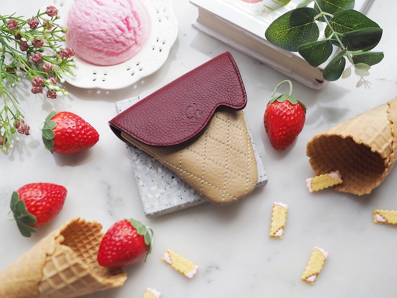 Soft-serve (Strawberry) : Mini coin purse, Burgundy purse - 零錢包/小錢包 - 真皮 紅色