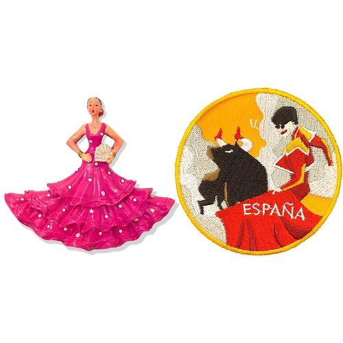 A-ONE 西班牙佛朗明哥舞女紀念磁鐵+西班牙鬥牛識別章【2件組】外國地標