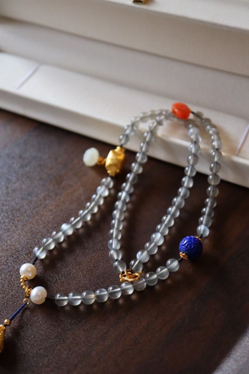 天然原礦拉長石 阿富汗老礦青金石珍珠設計多圈手串手鍊s - 手鍊/手環 - 半寶石 灰色