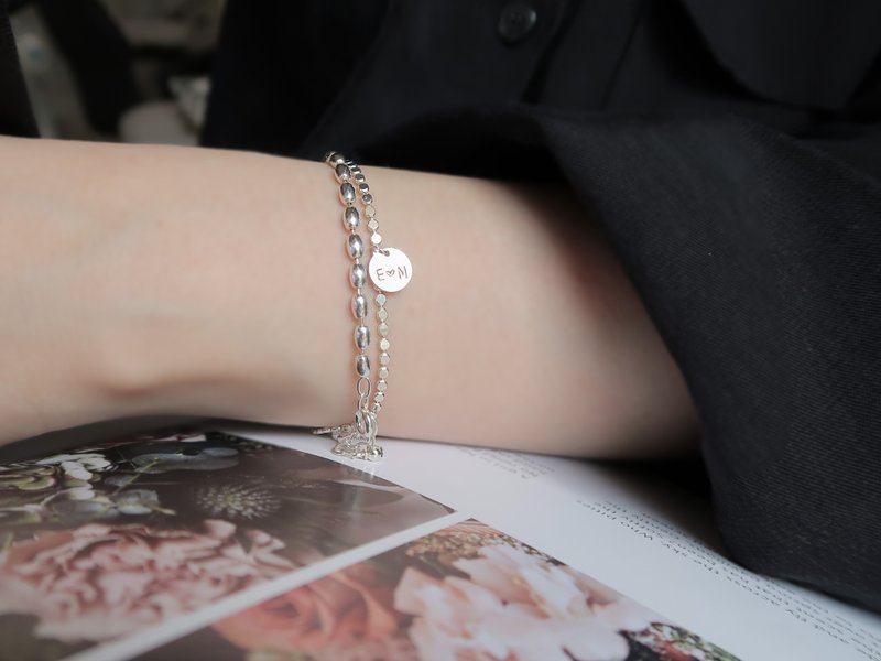 925 sterling silver medallion customized engraved round sequin oval bead double chain bracelet free packaging - สร้อยข้อมือ - เงินแท้ สีเงิน