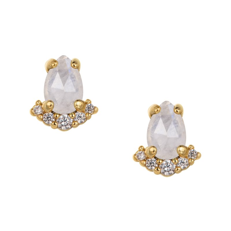 Stella moonstone earrings drop-shaped semi-precious stone precision-plated 14k gold classical rose cut anti-allergic steel needle - Earrings & Clip-ons - Semi-Precious Stones White