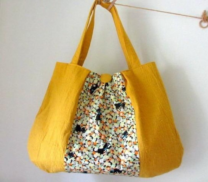 Half linen cat and soft flower shoulder bag * mustard yellow - Handbags & Totes - Cotton & Hemp Yellow
