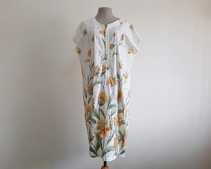 Vintage Light Yellow Floral Print Dress - One Piece Dresses - Cotton & Hemp Yellow