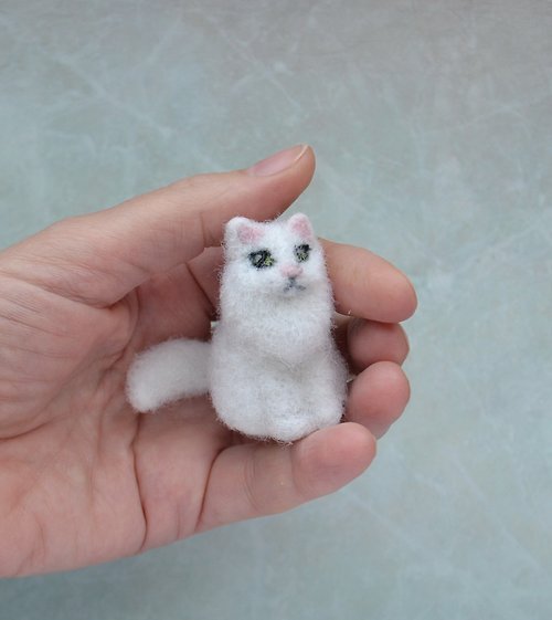 Feltedclouds 玩具屋的微型白貓針氈羊毛動物複製品童話花園