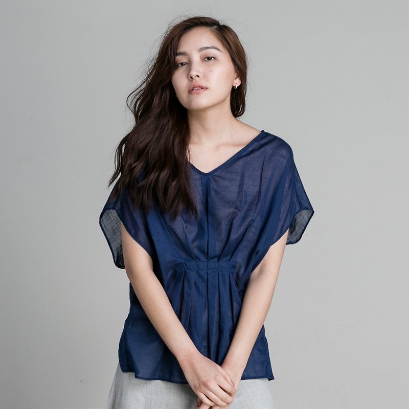 Butterfly Sleeve Fold Top-Dark Blue - Women's Tops - Cotton & Hemp Blue