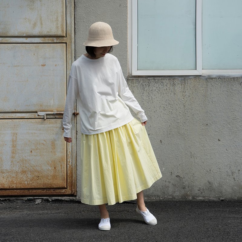 Fruit enzyme washed light lemon yellow textured cotton elastic waist pleated wide swing skirt - Skirts - Cotton & Hemp Yellow