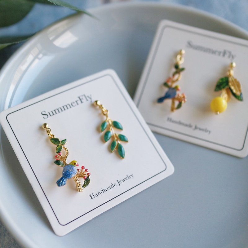Gift—romantic bird branches painted paint resin earrings Clip-On b67 - Earrings & Clip-ons - Resin Multicolor
