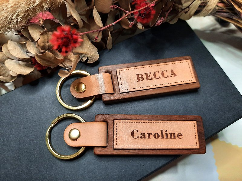 *Warm tone*-Leather wood key ring-customized / name words - Keychains - Genuine Leather Brown