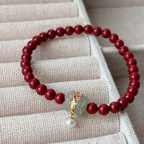 Angel's tears 天使之淚 Jewelry Design 天然原礦硃砂. 紫金砂 和田玉並蒂蓮設計單圈手串