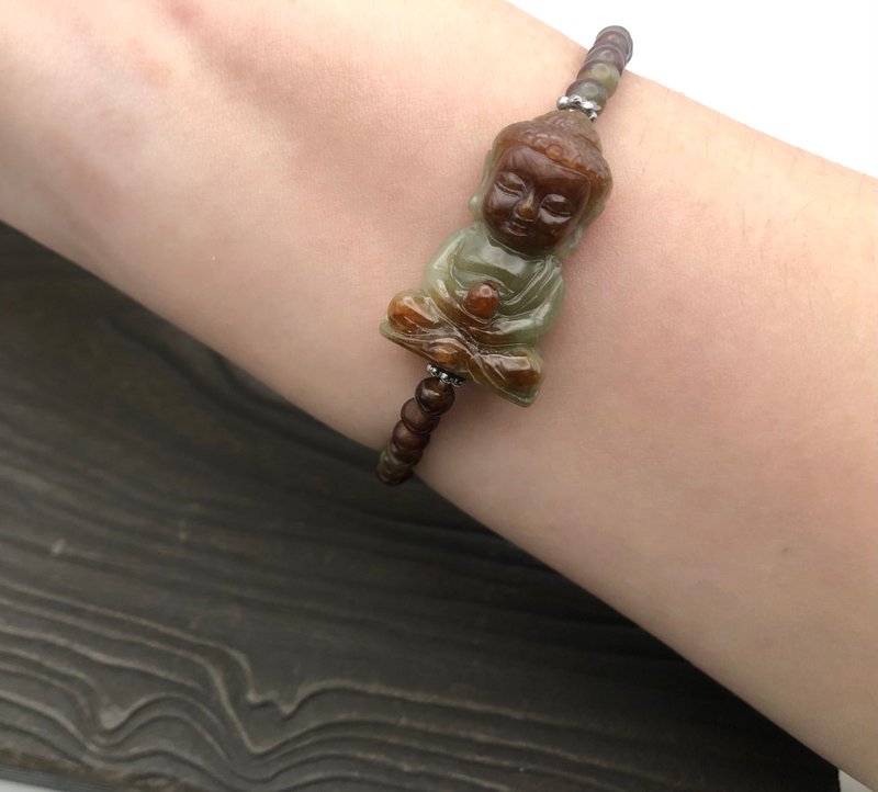 Laughing Buddha-Myanmar A-quality yellow jade baby Buddha bracelet/safety/birthday/meditation [HotSummer] - สร้อยข้อมือ - หยก หลากหลายสี