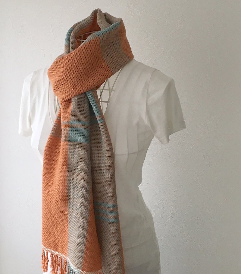 [Baby alpaca: Fall-Winter] unisex hand-woven scarf "Orange & Emerald green Mix 3" - ผ้าพันคอ - ขนแกะ สีส้ม