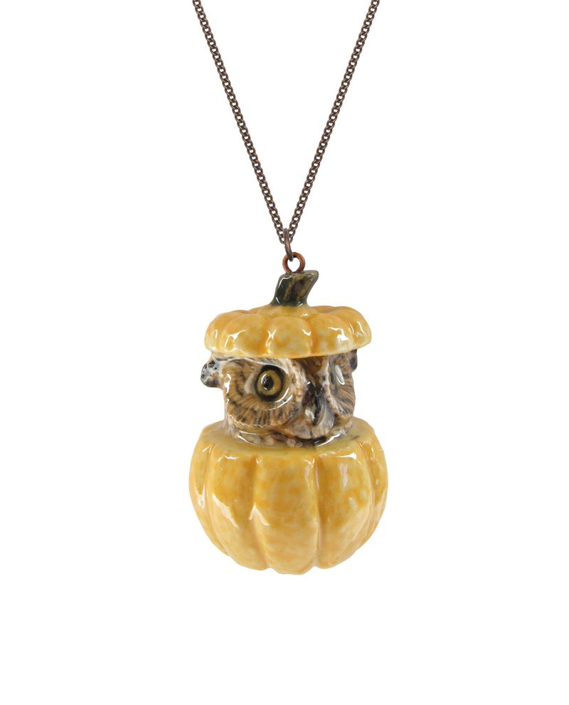 AndMary 手繪瓷項鍊-貓頭鷹 禮盒裝 Owl in Pumpkin Necklace - 項鍊 - 瓷 橘色