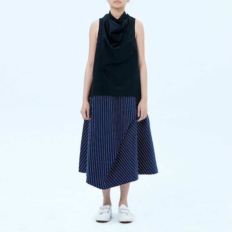 Blue Striped Cotton Midi Skirt - กระโปรง - ผ้าฝ้าย/ผ้าลินิน สีน้ำเงิน