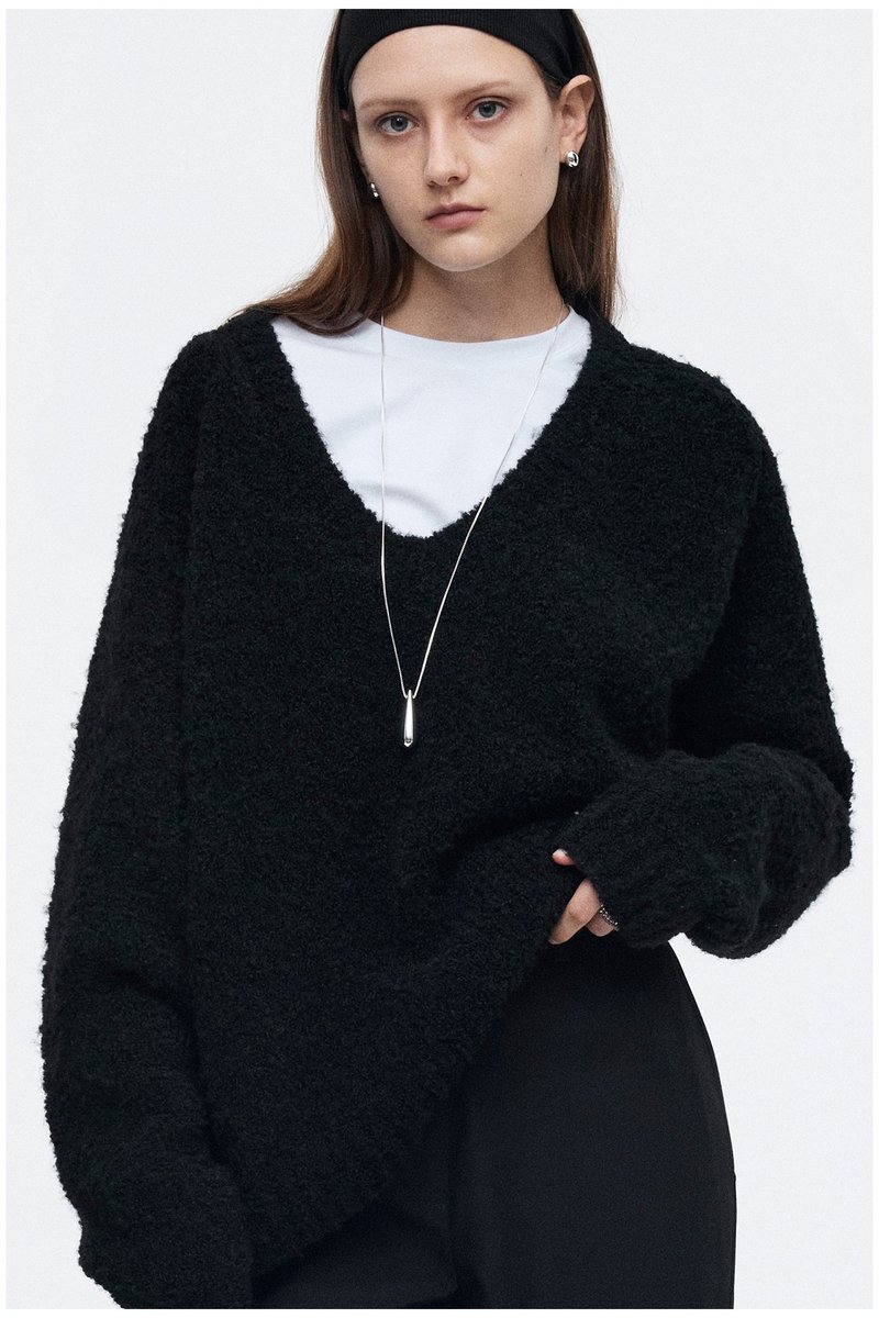 Black Wool Blend Textured Boucle Yarn Relaxed Oversized V-Neck Sweater - Women's Sweaters - Polyester Black