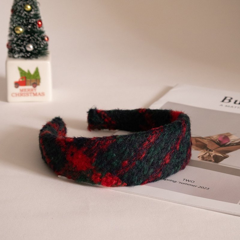 noel tartan check hairband handmade headband - 髮箍/髮帶 - 棉．麻 黑色