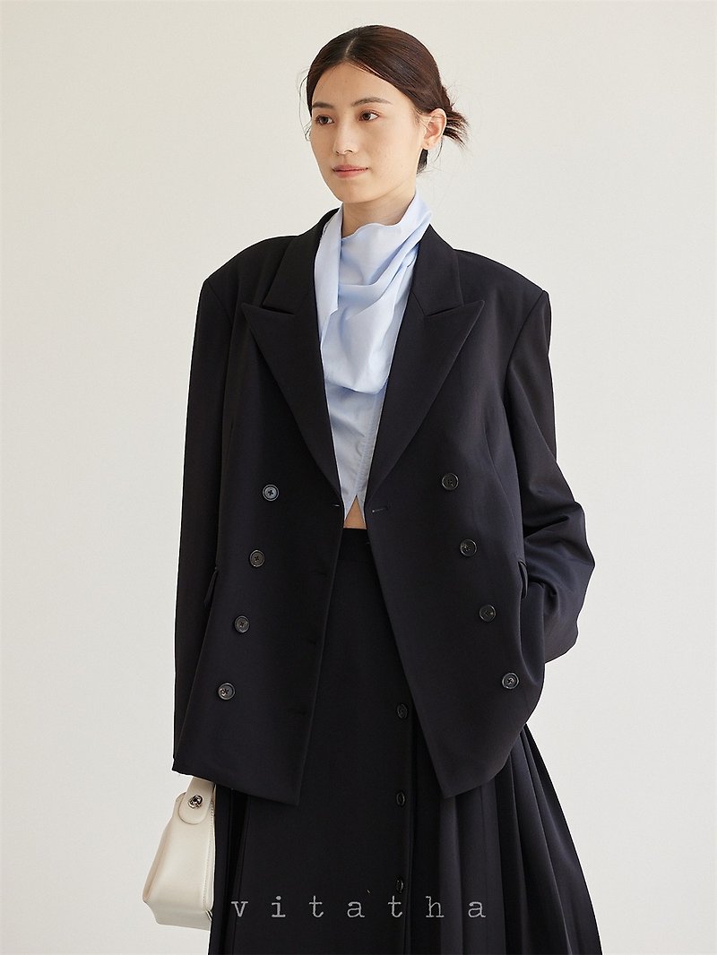Black neutral retro solid color simple double-breasted jacket with lapel collar blazer anti-wrinkle fiber version - เสื้อแจ็คเก็ต - ไฟเบอร์อื่นๆ สีดำ