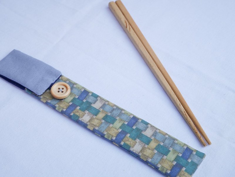[藍綠格紋筷套-不含餐具] - 筷子/筷架 - 棉．麻 藍色
