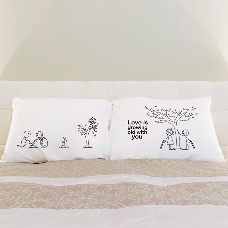 Growing Love Boy Meets Girl couple pillowcase - เครื่องนอน - ผ้าฝ้าย/ผ้าลินิน ขาว