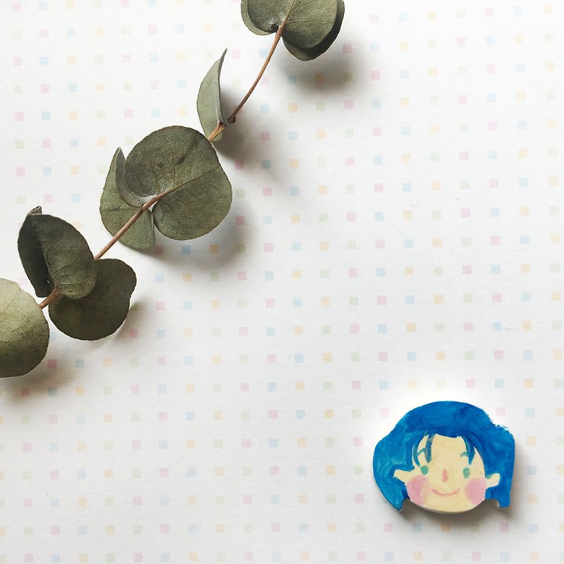 Handmade painted girl pin (blue) - Brooches - Clay Blue