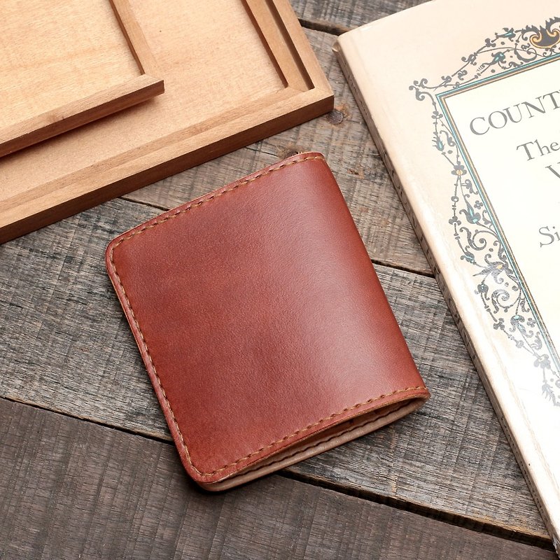 Crafted short clip | coffee red hand-dyed vegetable tanned cow leather | multi-color - Wallets - Genuine Leather Brown