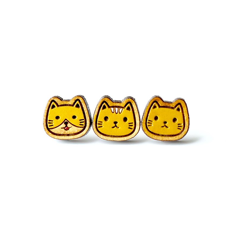 彩繪木耳環-小貓咪(土黃)（三款隨機） - 耳環/耳夾 - 木頭 卡其色