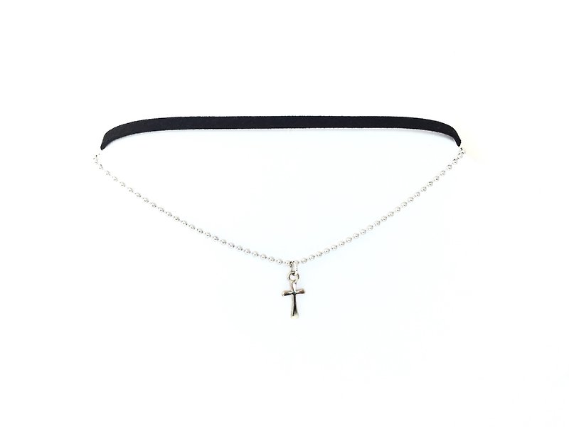 Double Suede Thin Necklace-Silver Cross - Necklaces - Genuine Leather Black