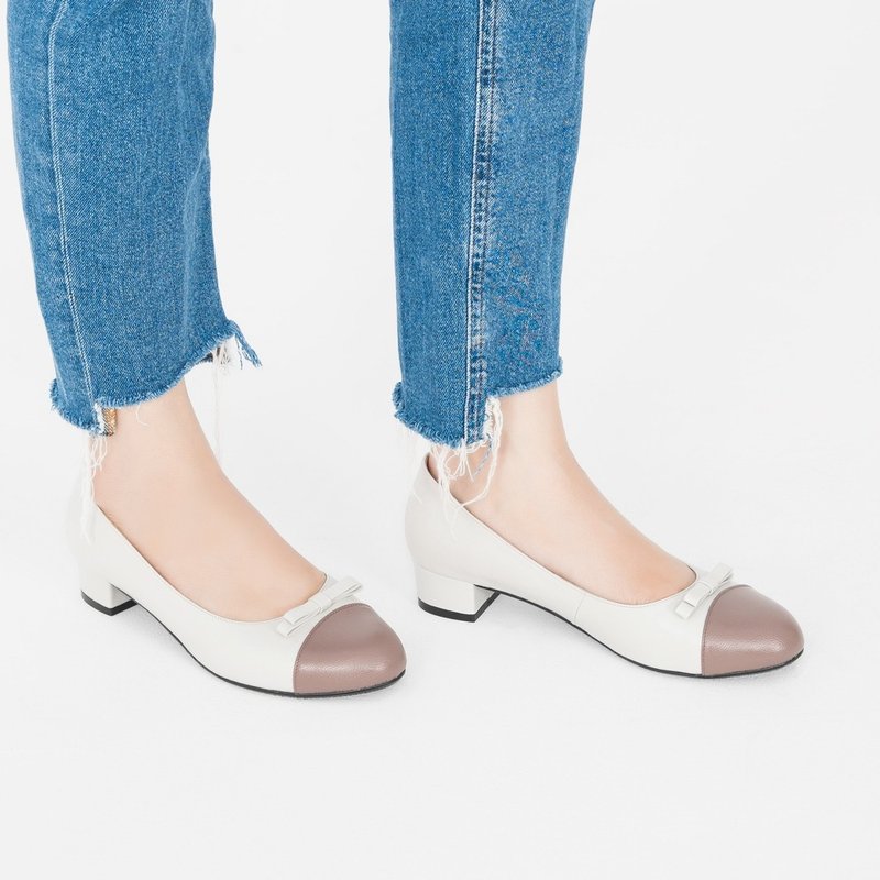 皮革結花!雙層夾心低跟小圓頭鞋 藕 全真皮 MIT -藤芋 - 娃娃鞋/平底鞋 - 真皮 紫色