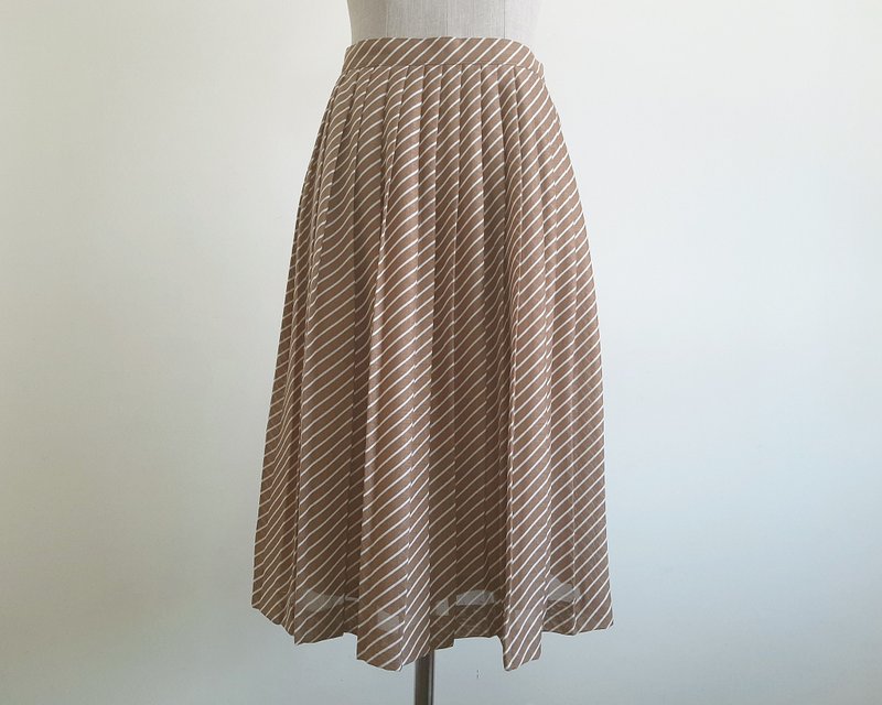 Vintage White Brown Striped Skirt - กระโปรง - เส้นใยสังเคราะห์ สีนำ้ตาล