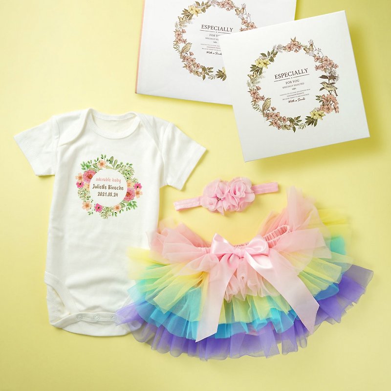 寶寶誕生花環 魔法少女色 客製短袖包屁衣 3件組禮盒 周歲 滿月 - 滿月禮物 - 棉．麻 多色