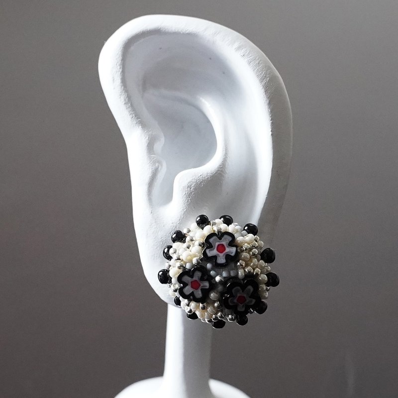 Kitchen 9 Clip-On, Beaded Embroidery, Black, Silver , Red, Large - Earrings & Clip-ons - Glass Silver