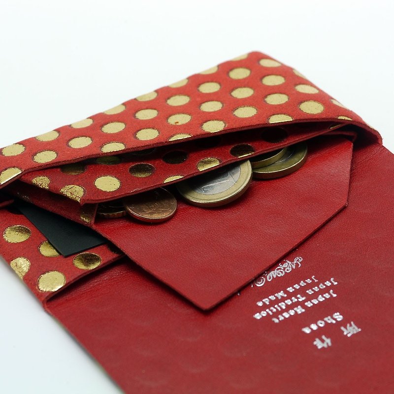 Japanese handmade-made Shosa vegetable tanned cowhide coin purse-polka dot/red gold dot - Coin Purses - Genuine Leather 