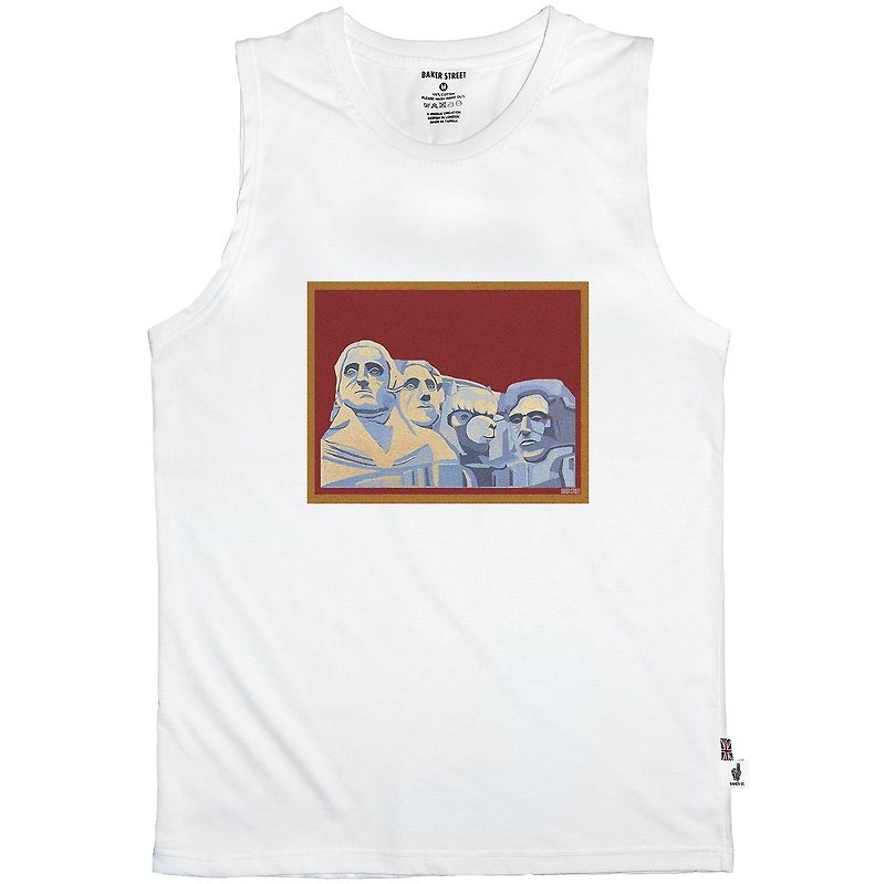 British Fashion Brand -Baker Street- Mount Rushmore Printed Tank Top - เสื้อกั๊กผู้ชาย - ผ้าฝ้าย/ผ้าลินิน ขาว