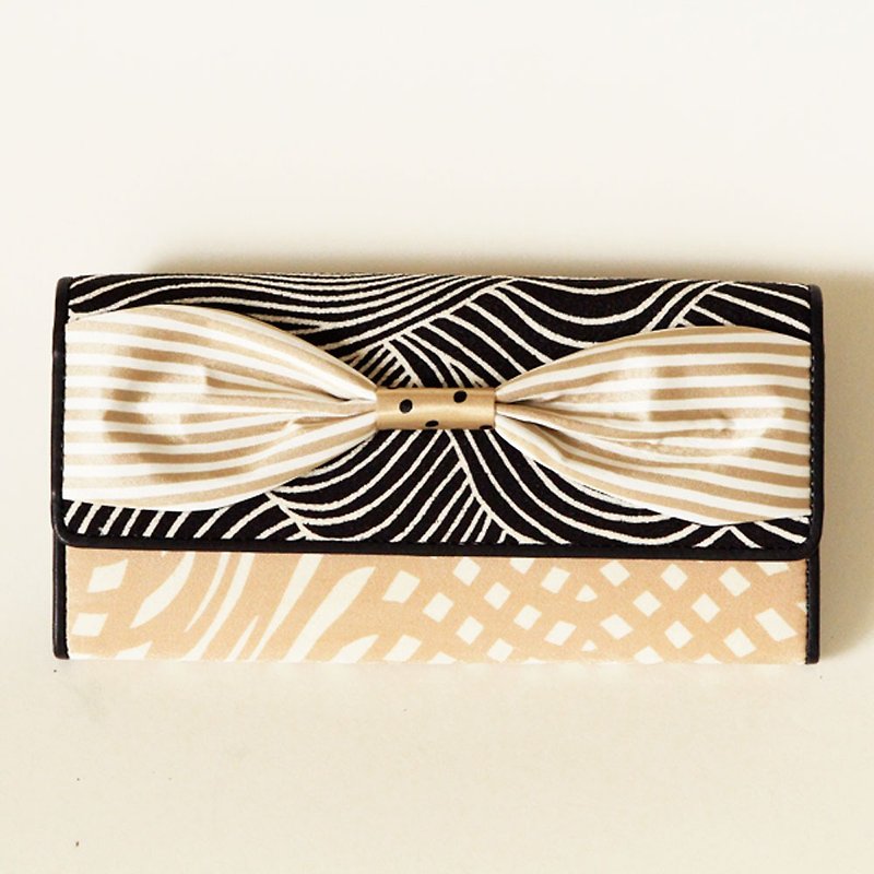 long wallet beige gold ribbon Script girl dots borders stripes - Wallets - Other Materials Gold