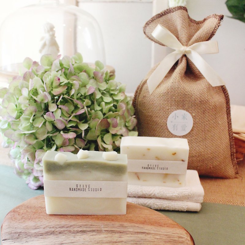 小茉莉與花-麻麻花手工皂禮袋/2入皂/無染方毛巾 - 肥皂/手工皂 - 其他材質 綠色