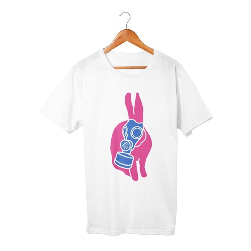 Gas mask rabbit T-shirt - เสื้อฮู้ด - ผ้าฝ้าย/ผ้าลินิน ขาว