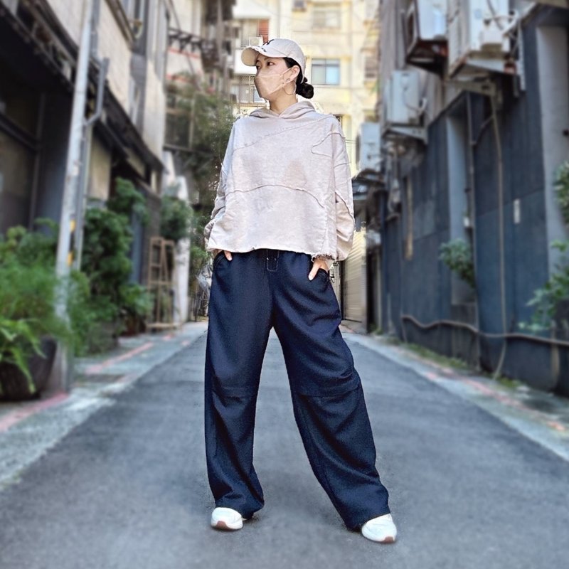 Blue buttoned pleated trousers #T2269 - กางเกงขายาว - ผ้าฝ้าย/ผ้าลินิน สีน้ำเงิน