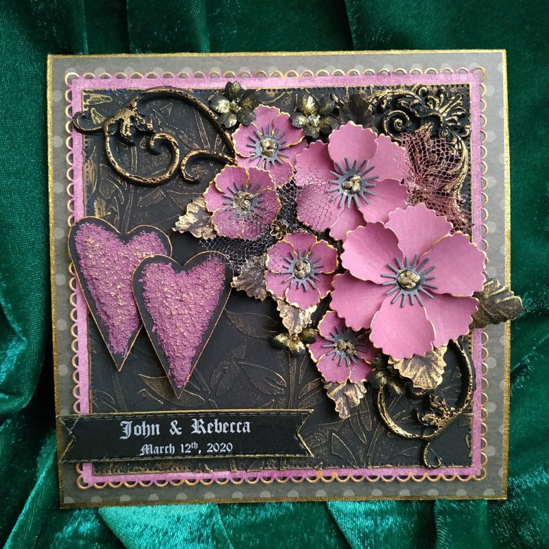 Gothic wedding card with burgundy hearts in gift box - 卡片/明信片 - 紙 黑色