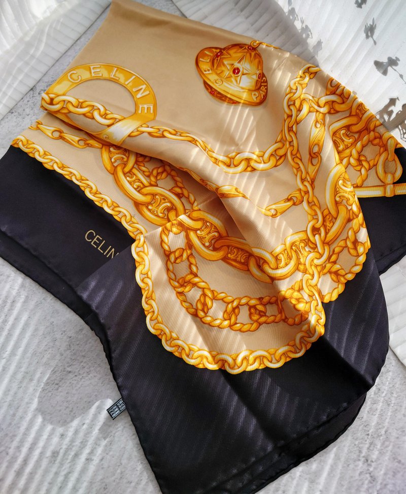 中古品 CELINE 星球凱旋門鏈條絲巾頸巾圍巾領巾圍脖披肩蓋毯毛毯 - 圍巾/披肩 - 繡線 金色