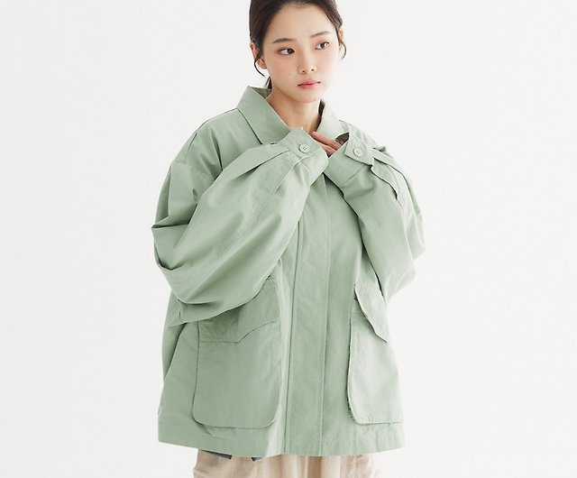 【Simply Yours】Small round neckline, puffy sleeves, short jacket, green F