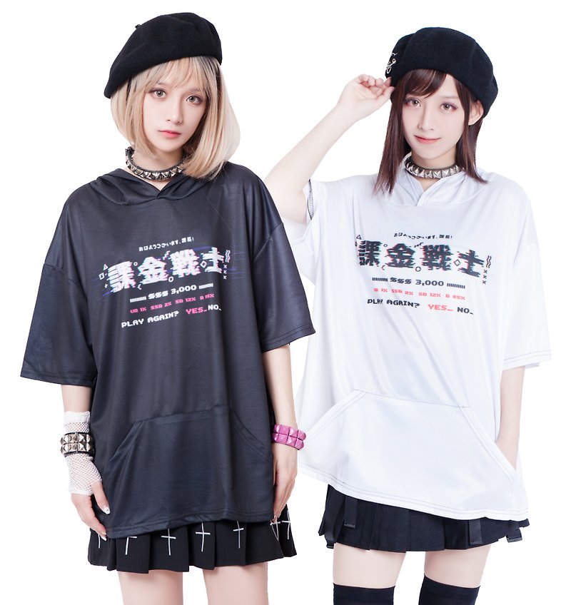 harajuku kawaii emoticon pay-to-win RNG TV game warrior hoodie tshirt【JJ2299】 - เสื้อยืดผู้หญิง - วัสดุอื่นๆ สีดำ