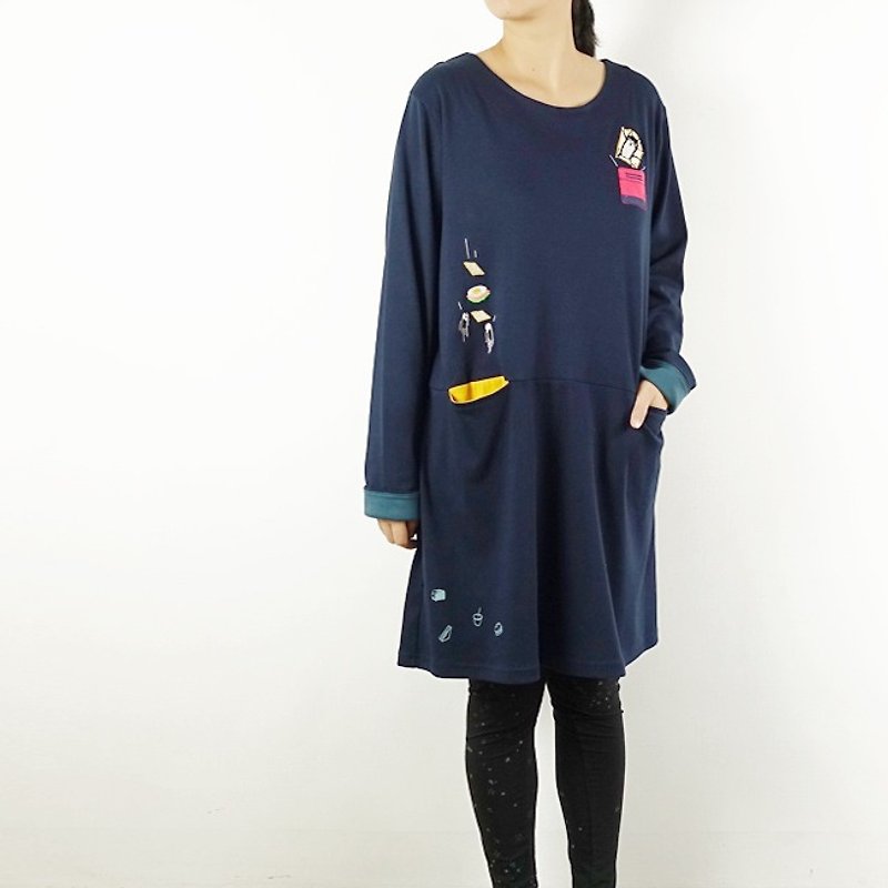 : Urb [cat] toast long sleeve patch pocket dress. - One Piece Dresses - Cotton & Hemp Blue