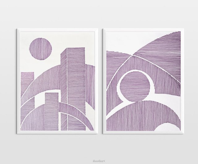 2個セット オリジナル線画アートワーク 抽象的な黒の街並みの形