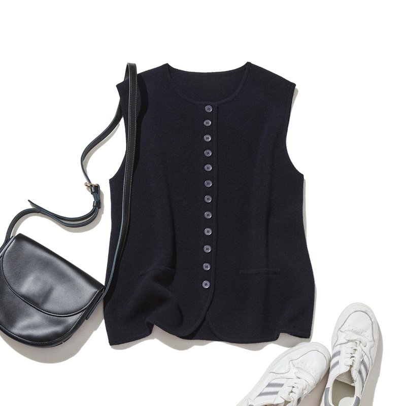 快適さとスタイルを両立　上質なウール100%のニットベスト　ウール100%　ネイビー　251101-2 - 背心/無袖上衣 - 羊毛 藍色