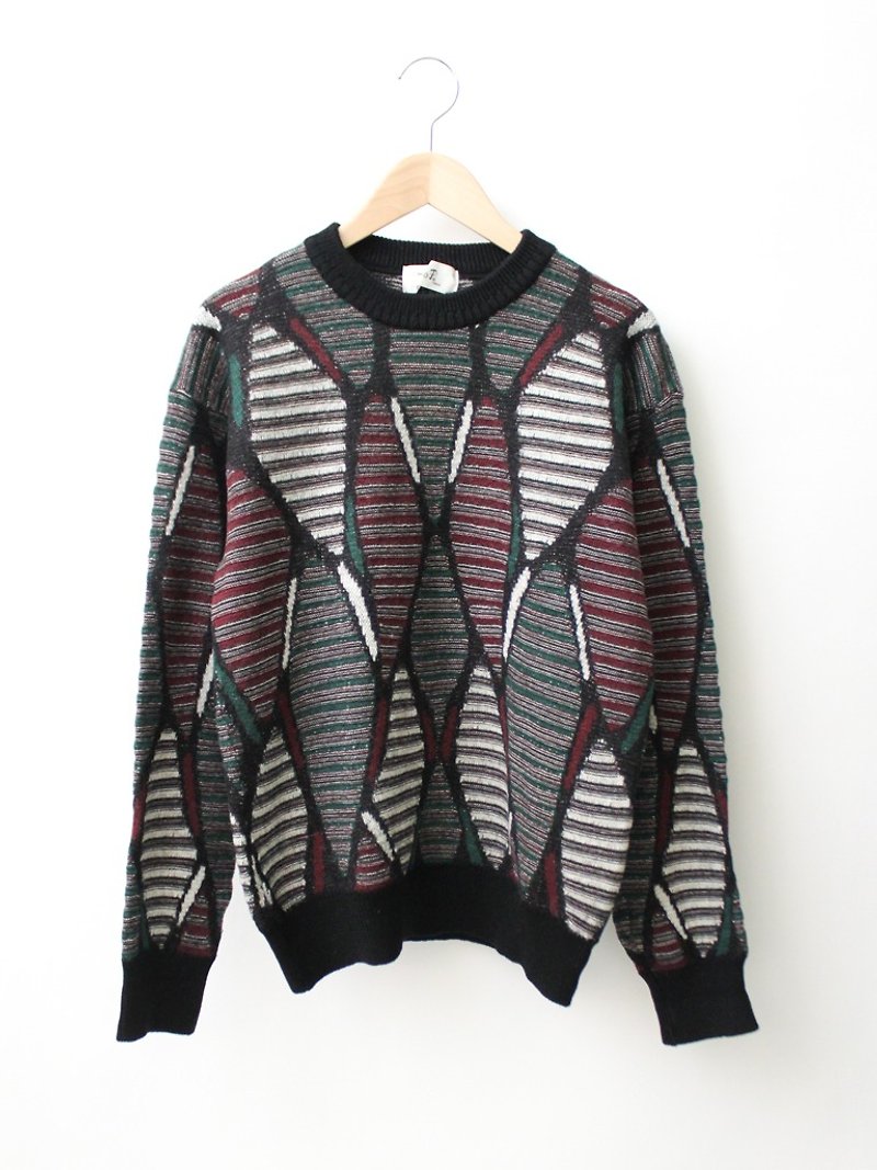 【RE1208SW049]日本幾何学的モザイク緩い黒のウールの緩いヴィンテージセーター - ニット・セーター - ウール ブラック