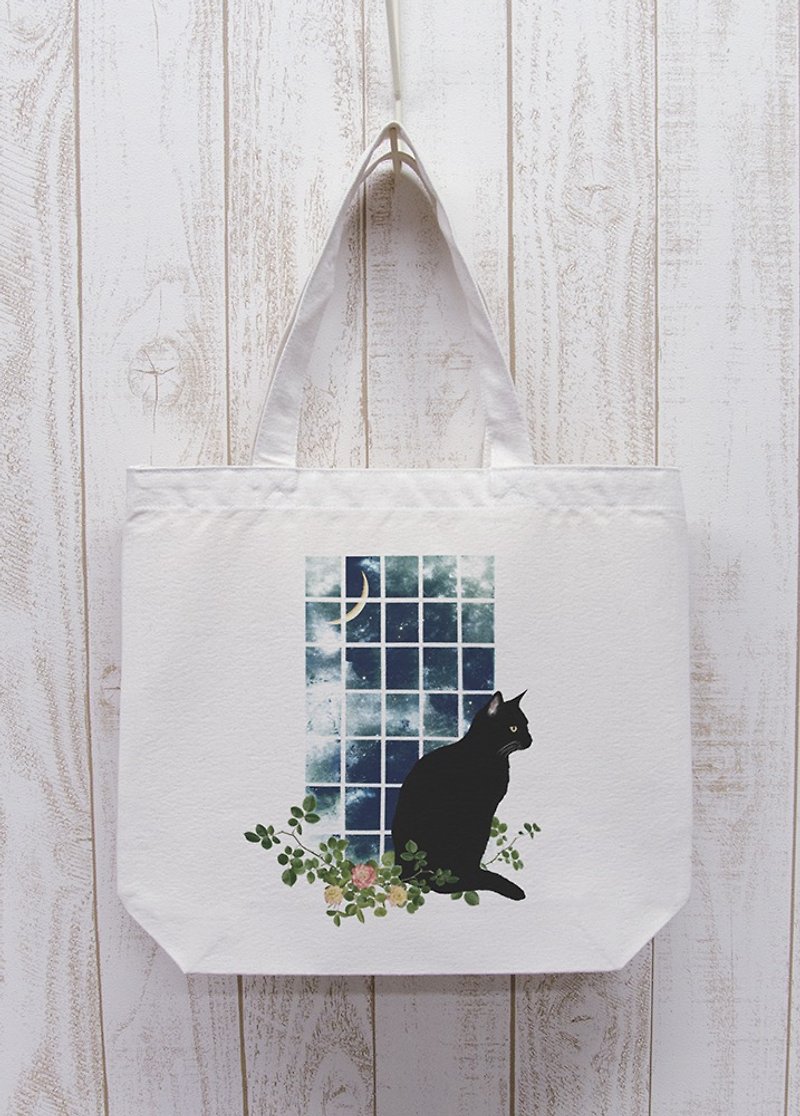 Standing Black Cat Window MOON Outing Tote Natural / R031-BT-NA - อื่นๆ - ผ้าฝ้าย/ผ้าลินิน ขาว