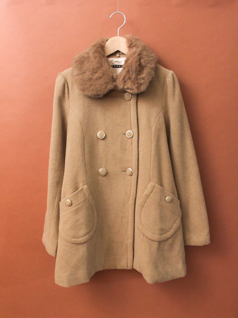 Vintage autumn and winter elegant slim fur collar two wearing camel wool Nigu coat coat - Women's Casual & Functional Jackets - Wool Khaki