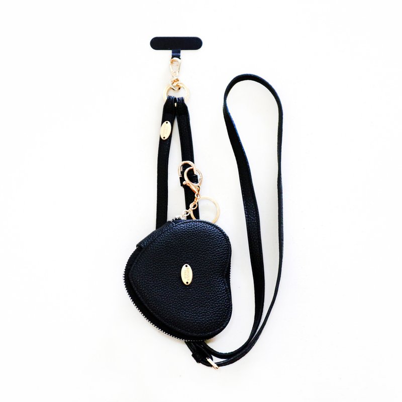 日本新品-L'AUTOMNE法式瑪黑皮革可調節背帶(附掛片+心型錢包) - 手機掛繩/背帶 - 聚酯纖維 黑色