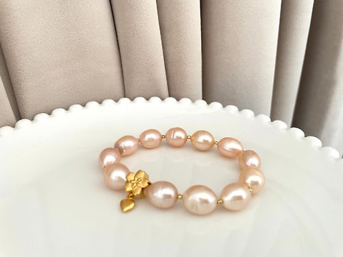 Athena珍珠設計 桃花 天然淡水珍珠 橘色珍珠 S925銀 彈力 手鏈