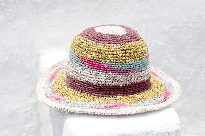 Limited edition handmade weave linen / knit hat / fisherman hat / sun hat / straw hat / straw hat - tropical South America colorful stripes - Hats & Caps - Cotton & Hemp Multicolor