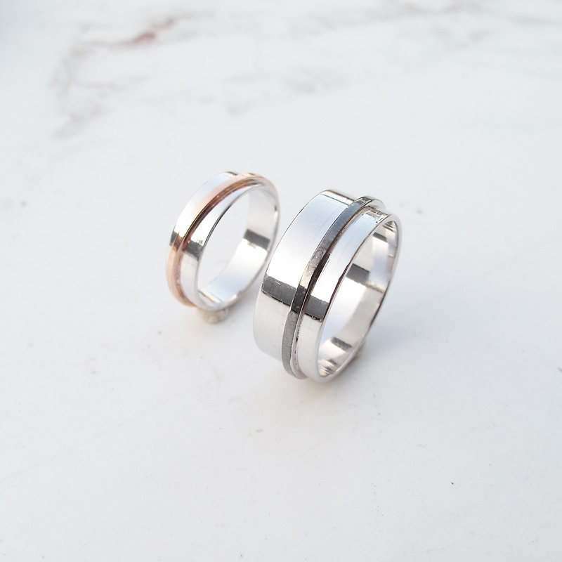 [Handmade custom silver jewelry] memory line | wide Rose Gold and sterling silver couple ring | - แหวนคู่ - เงินแท้ สีเงิน